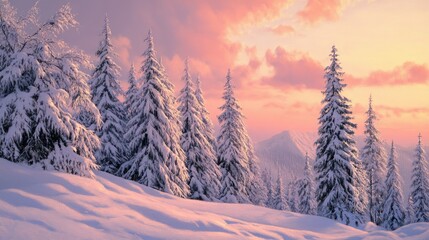 Fototapeta premium Oil painting depicting a winter landscape featuring snow covered trees during an evening scene