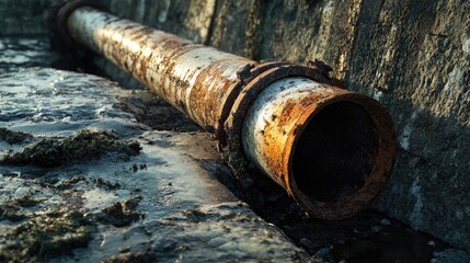 A weathered and corroded water pipe exposed in a trench for maintenance purposes