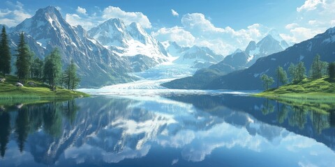 Fototapeta premium Glacier ice in a natural landscape featuring a calm lake and majestic mountains, Tranquil lake reflecting glacier ice and towering mountains in a serene landscape