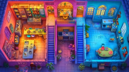 Fototapeta premium A colorful and vibrant interior showcasing a cozy kitchen and dining area, perfect for home decoration inspiration.