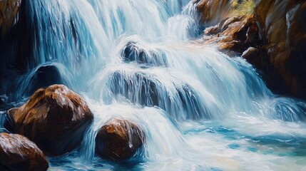 Oil painting of a stunning waterfall cascading over rocks capturing the beauty of nature and the allure of a popular tourist spot