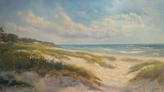 Oil painting depicting scenic views of a coastal landscape with dunes and greenery