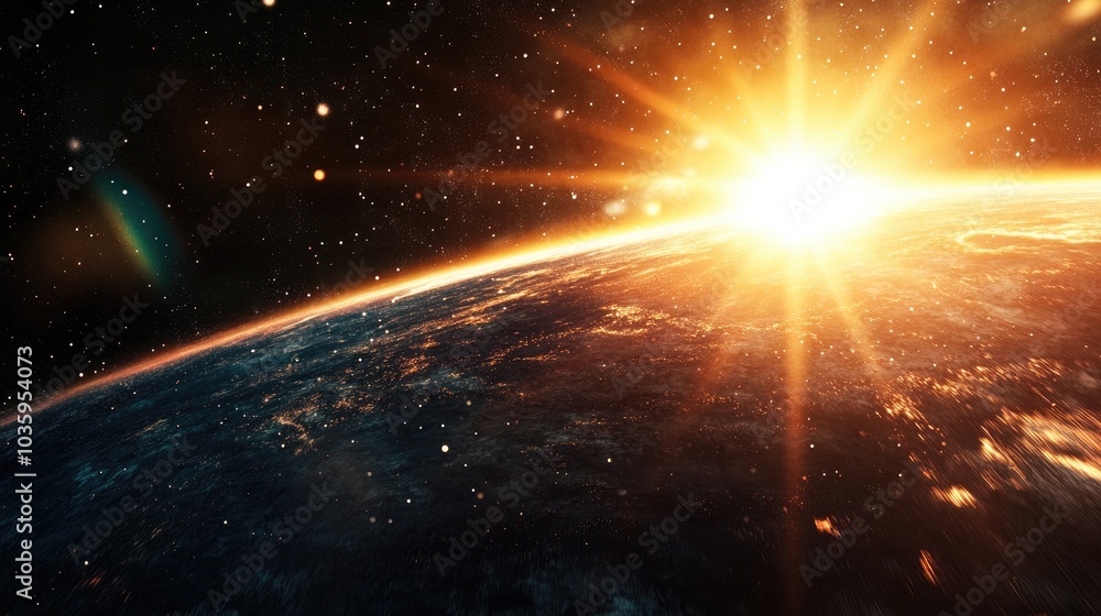 Poster dark sky background with a 3d cartoon rendering of a sunrise in space greeting the world with rays a