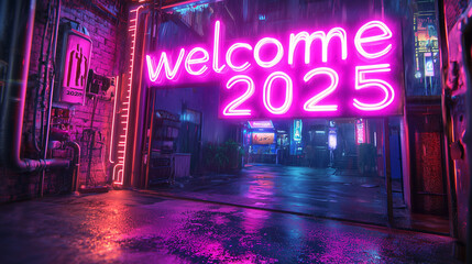 Welcome 2025 text written in led lights on a sign. 