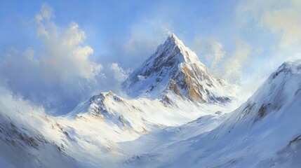 Oil painting of a snow covered mountain peak with a serene atmosphere showcasing the beauty of winter landscapes