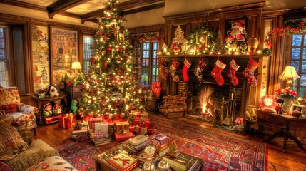 Fototapeta premium Cozy Christmas Living Room: Decorated Tree with Colorful Ornaments, stockings by the Fireplace, and Festive Ambient Glow
