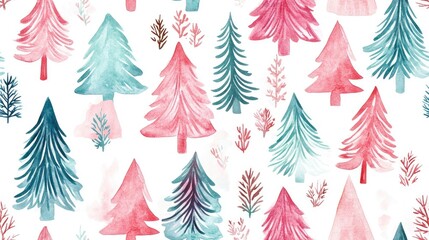 Obraz premium Seamless Festive Pattern Featuring Hand Drawn Watercolor Christmas Trees Ideal for Various Designs Including Paper Wrapping Cards Wallpaper Textiles and Banners