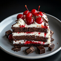 A top view of Schwarzwalder Kirschtorte (Black Forest cake), layers of chocolate sponge cake, whipped cream, and cherries.