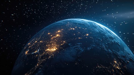 Obraz premium 3D cartoon depiction of a nighttime Earth planet sphere in outer space featuring city lights and elements of life