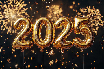 2025 golden balloon, Happy New Year, welcome 2025, the number "2025" with fireworks behind, people celebrating the new year