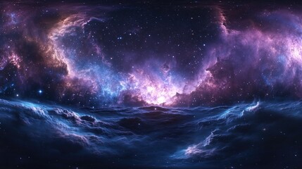 Fototapeta premium 360 degree nebula panorama in 3D cartoon rendering featuring equirectangular projection and environment map HDRI spherical panorama showcasing space background with nebula and stars 3D illustratio