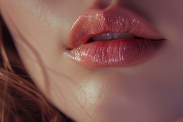 Fototapeta premium Close up beauty shot of female full lips with healthy skin and rose color lips