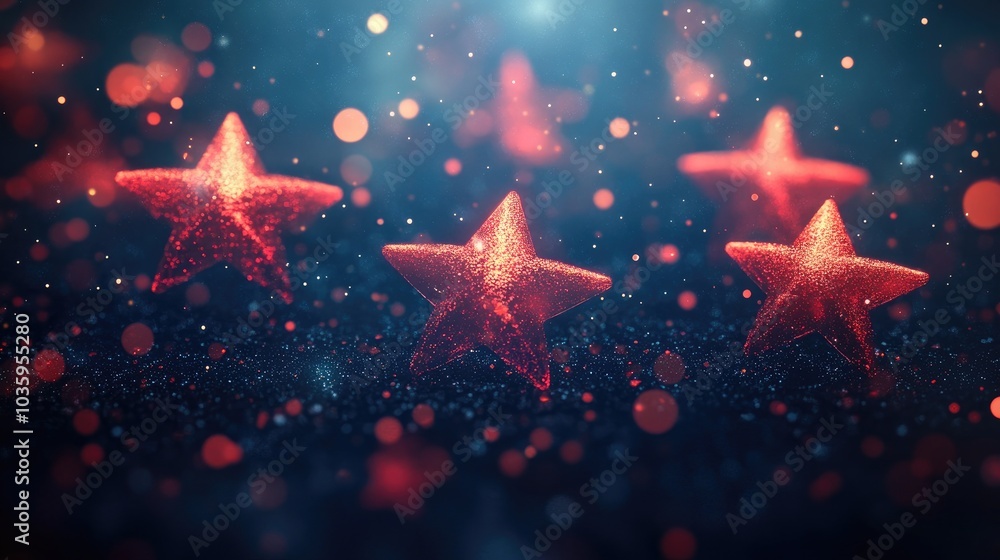 Poster festive 3d rendering of red stars and shimmering whirlwinds of stardust on a dark bokeh background e