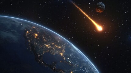 Obraz premium 3D cartoon depiction of a comet asteroid and meteorite heading towards the planet featuring a glowing asteroid and the tail of a descending comet posing a threat to Earth s safety