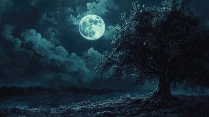Fototapeta premium Oil painting depicting a dark night illuminated by a bright full moon