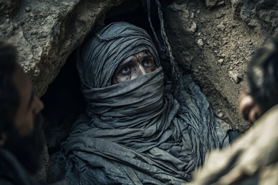 Lazarus emerging from a dark stone tomb, wrapped in burial cloths. Bible story.