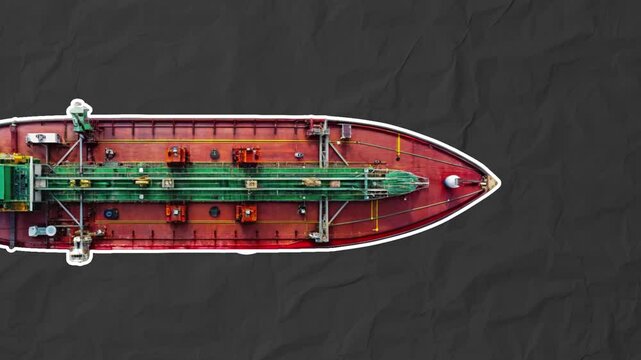 A large oil tanker sails through the ocean and leaves behind oil slicks. Environmental pollution concept. Stop motion animation on black paper background