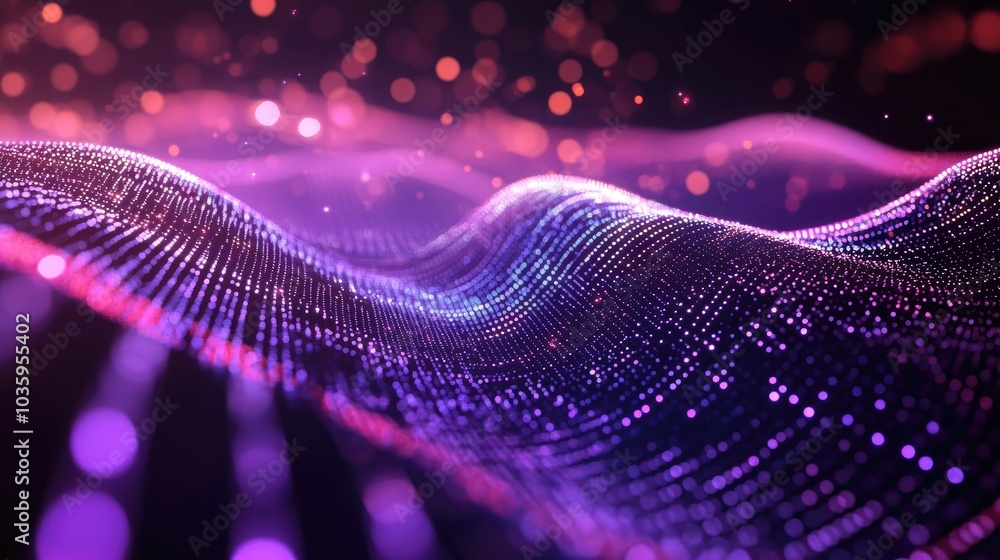 Poster flowing particle stream on a vibrant purple backdrop filled with luminous particles abstract design 