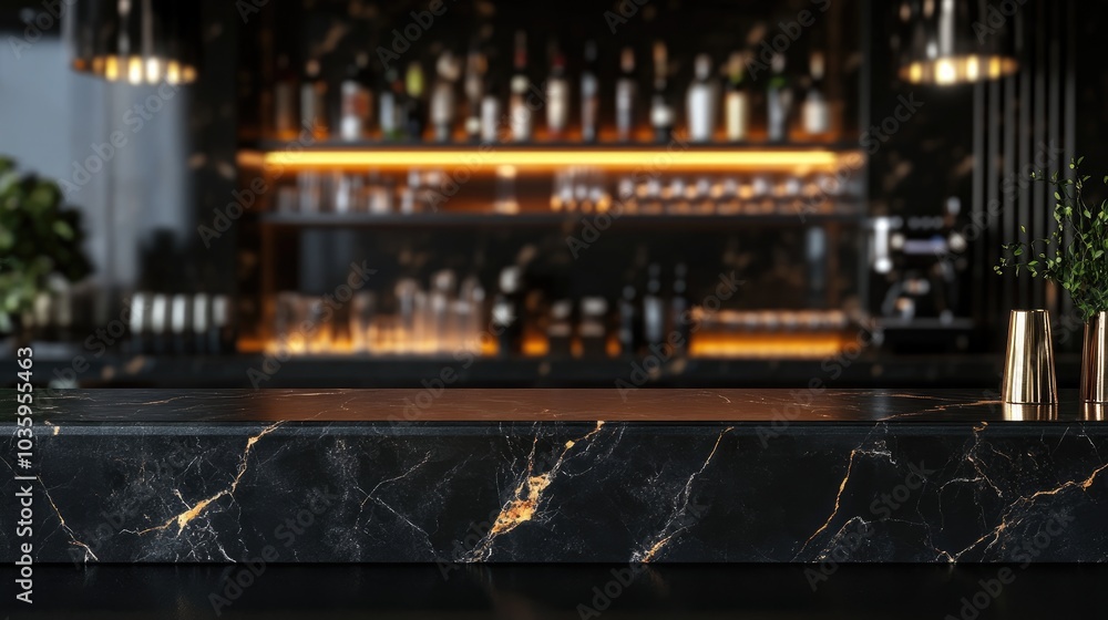 Poster 3d rendering of a black marble bar counter top featuring a blank space for product mockup set agains