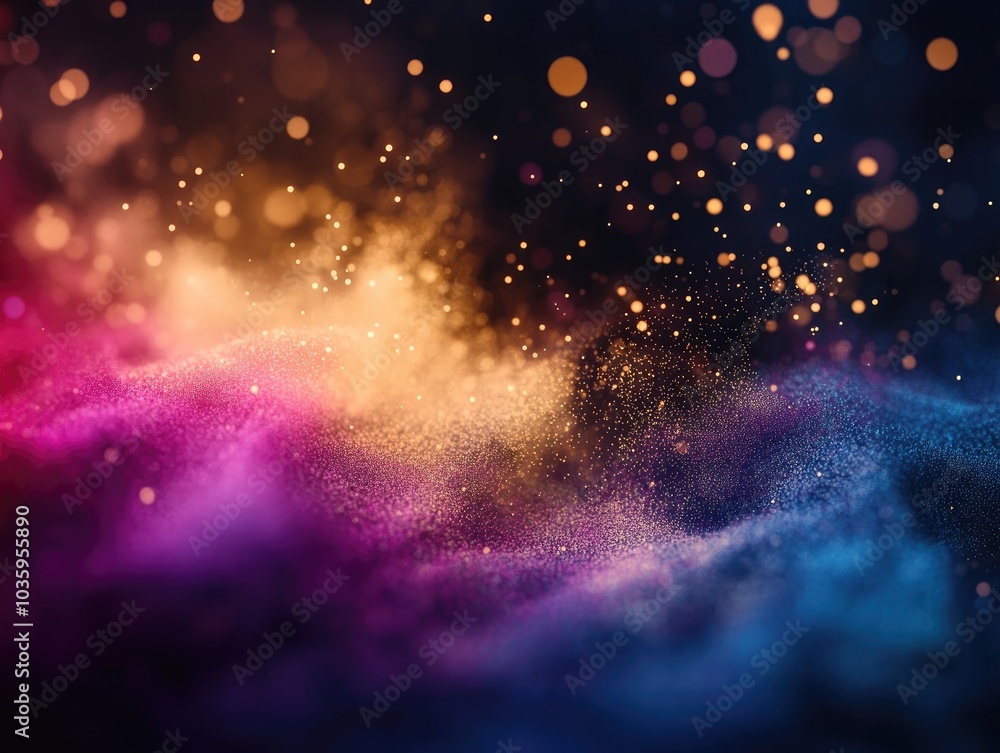 Poster fantasy 3d rendering of vibrant dust particles with a bokeh effect against a dark backdrop