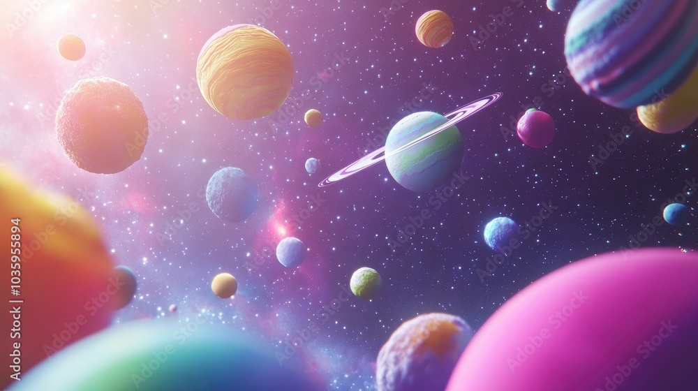 Poster 3d rendering of a cartoon space scene featuring planets stars and galaxies high resolution image sui