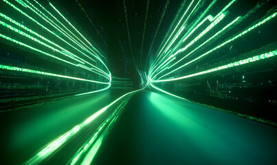 abstract futuristic neon background, green lines and glowing trails, laser rays, speed of light. 3D animation, Generative AI