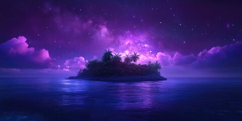 Scenic view of a starry night sky over an island with vibrant celestial highlights, Starry night sky over an island with celestial highlights