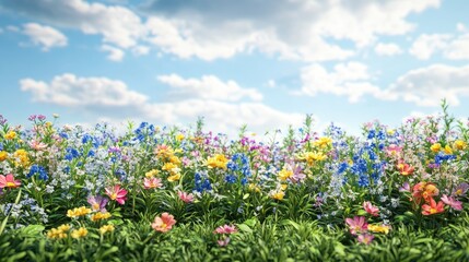 Podium backdrop featuring a field of spring flowers in a natural setting 3D rendering