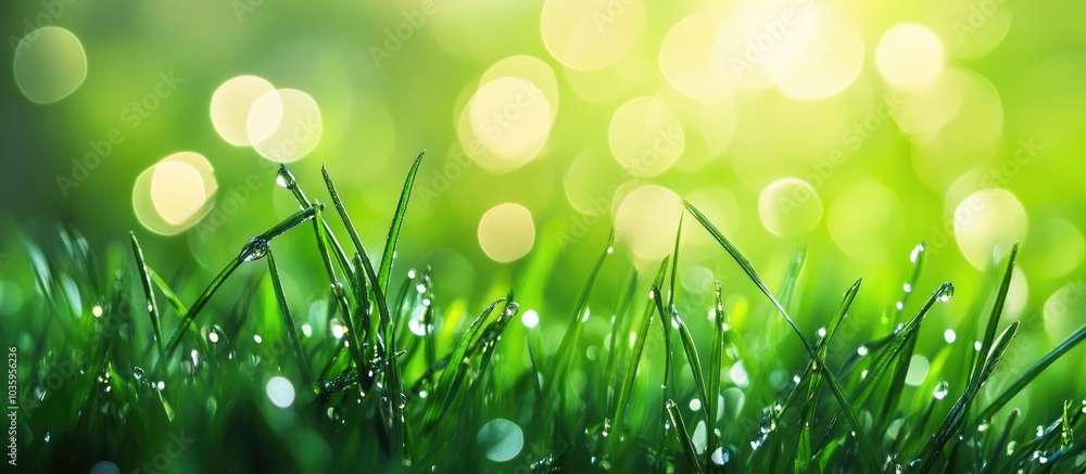 Poster dew drop on the green grass and abstract bokeh background