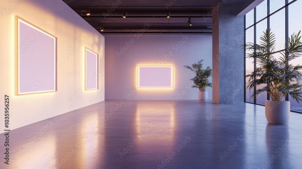 Poster 3d rendering of a minimalist art exhibition space featuring an illuminated gallery with frames a con