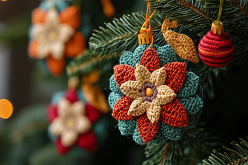 Fototapeta premium Crochet Christmas tree ornament, cute hand knitted Christmas decoration, gift, ornament, and craft