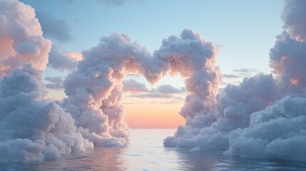 Fototapeta premium Dreamy cloud backdrop with a heart frame creating a natural beauty podium for product display in a romantic 3D seascape