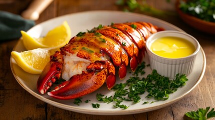 A delectable plate of buttery lobster tail served with clarified butter, lemon wedges, and parsley garnish