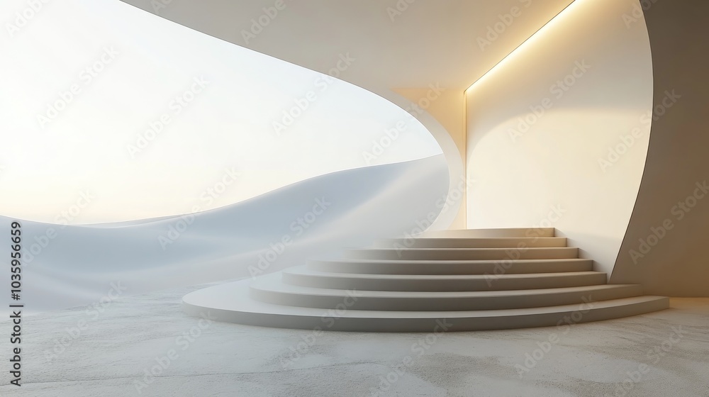 Poster contemporary minimalistic interior featuring a sand dune view 3d render clean background with a podi