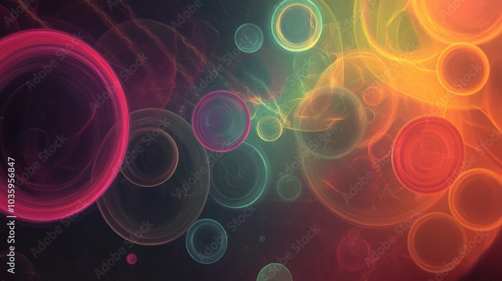 Poster abstract background featuring colorful circles with chaotic particles in open space dynamic 2d carto