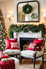 A cozy and festive Christmas scene featuring a warm living room with a decorated fireplace, Christmas tree, and red accents. The classic holiday decorations exude warmth and cheer. Generative AI