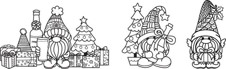 Fototapeta premium Set of Christmas gnomes for engraving, coloring and other design element. Vector illustration.