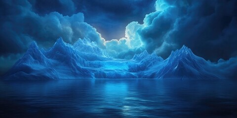 Glacier cascading over majestic mountains under a radiant cloudy sky, showcasing natural beauty in a serene coastal park