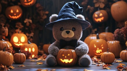 3D render of a cute bear wearing a witch hat surrounded by pumpkins and Halloween decorations