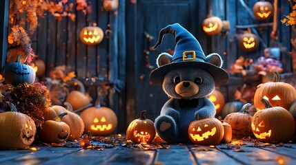 Fototapeta premium 3D render of a cute bear wearing a witch hat surrounded by pumpkins and Halloween decorations