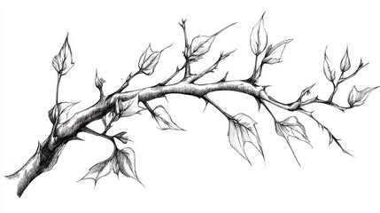 Fototapeta premium Hand drawn line art illustration of a branch featuring leaves and thorns