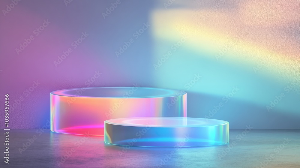 Poster rainbow geometric shapes in a modern 3d hologram featuring an empty cylinder podium a vacant pedesta