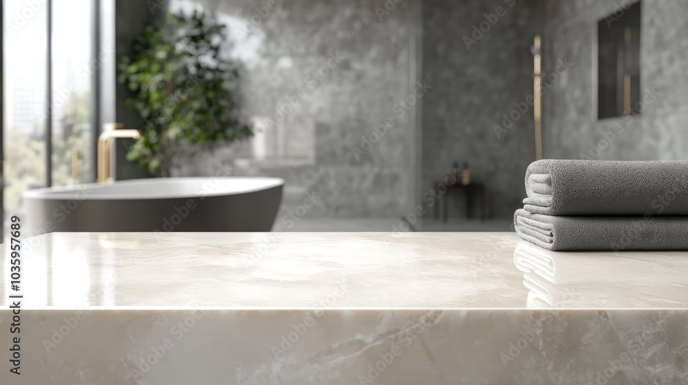 Poster 3d rendering of an empty marble top table with a blurred bathroom interior background ideal for prod
