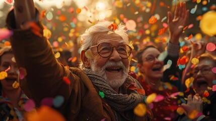 Fototapeta premium Happy elderly man with glasses and a scarf revels in the colorful confetti shower at an outdoor gathering. Generative ai