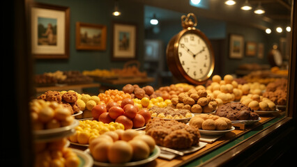 A Captivating Display Case Showcasing An Exquisite Array of Culinary Delights Beside a Vintage Clock.