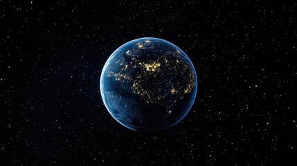 Obraz premium 3D cartoon depiction of the Earth planet at night in outer space showcasing city lights The Earth globe is isolated against a black background representing a solar system element