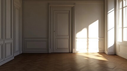 Obraz premium 3D rendering of an empty interior space featuring white walls and wooden flooring with a door positioned in the corner