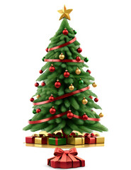 3D Christmas Tree with decorated colored balls and a star on top on png transparent background.