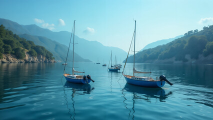 A Cluster of Calm Blue Boats Awaiting Departure on Tranquil Waters Surrounded by Scenic Hills