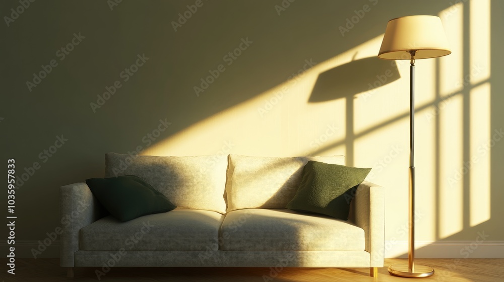 Poster 3d rendering of a minimalist interior featuring a sofa and a floor lamp